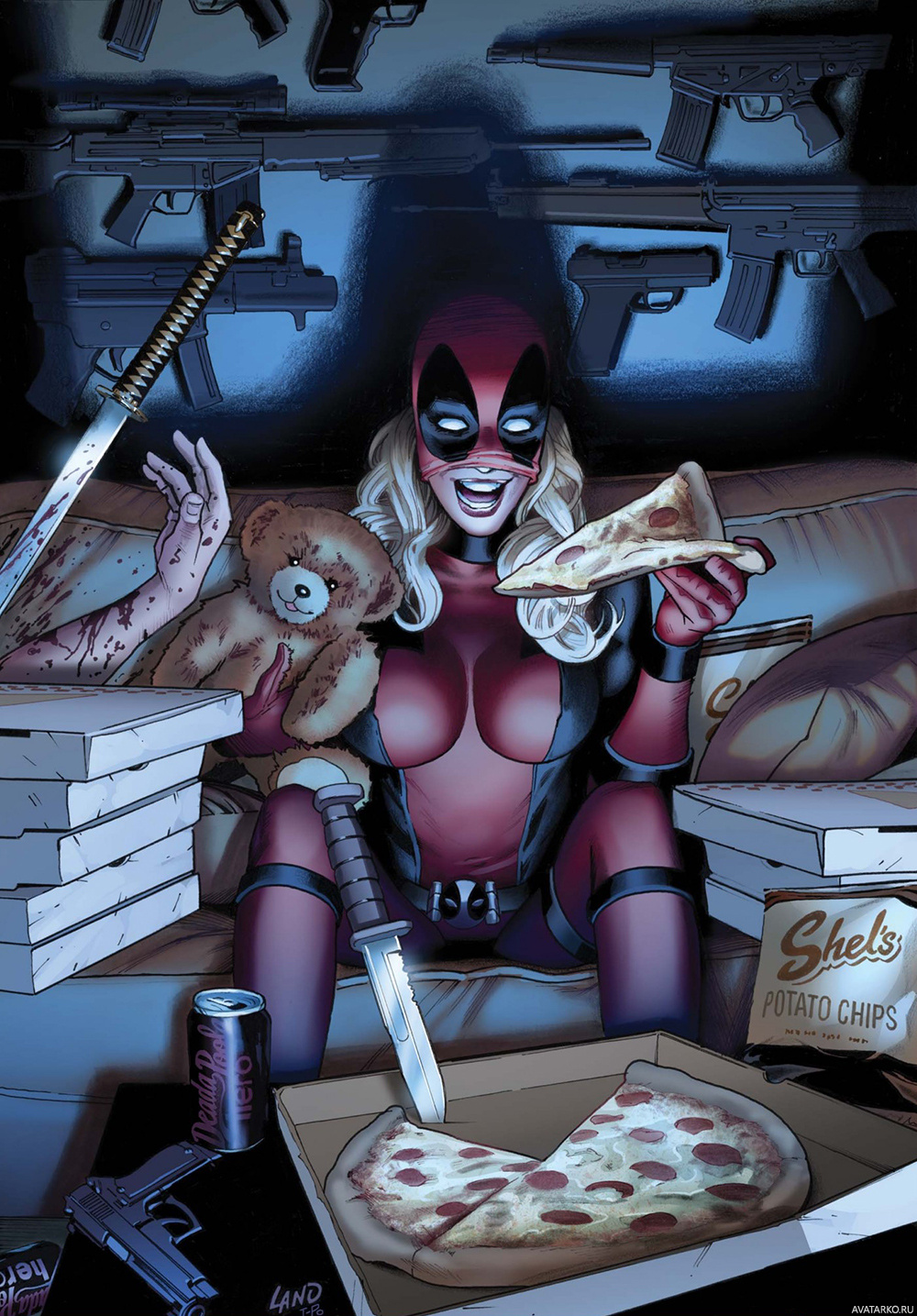 Картинка 1000x1435 | Леди Дэдпул у телика с куском пиццы | Deadpool, картинка на аву