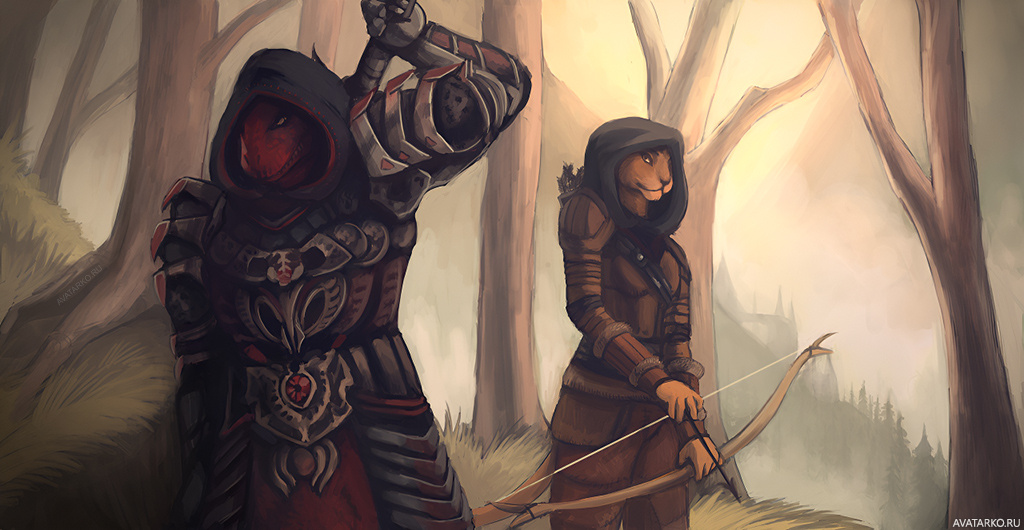 Картинка 1024x530 | Каджитка в капюшоне стои за спиной аргонианина | Лук, The Elder Scrolls, Каджиты, Картинки про стреляющего кота, картинка на аву