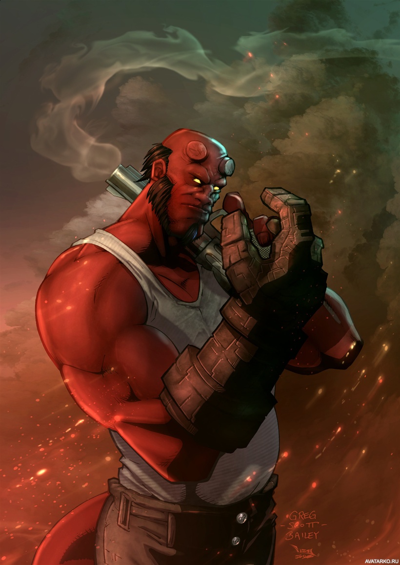 Картинка 820x1156 | Хэллбой с огромным дымящимся револьвером на плече | Hellboy, картинка на аву