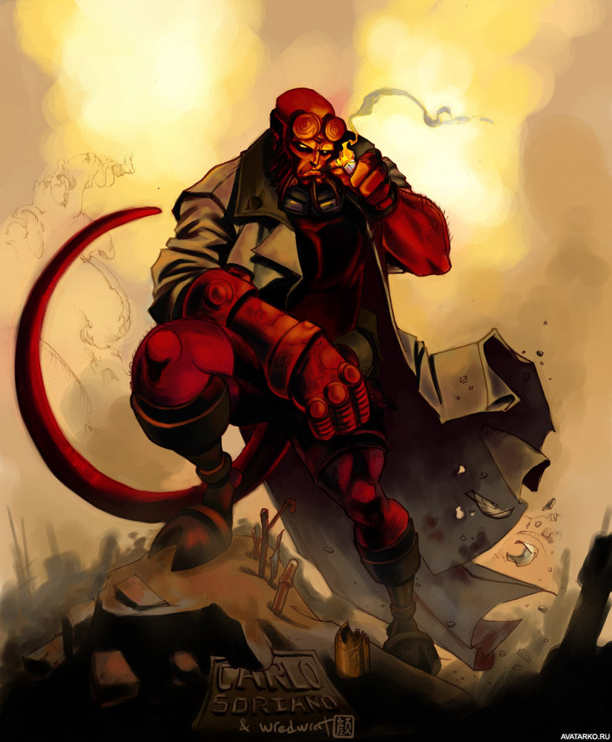 Картинка 858x1041 | Hellboy прикуривает сигару, стоя на горе мусора | Hellboy, Хэллбой, картинка на аву