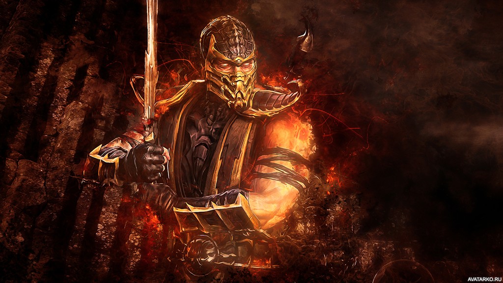 Картинка 1024x576 | Скорпион из Mortal Kombat держит меч обеими руками | Mortal Kombat, картинка на аву