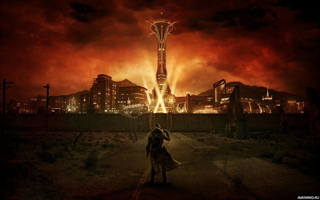 Картинка 1024x640 | Главный герой Fallout 3: New Vegas спиной на фоне города | Игры, Спиной, Город, Fallout, картинка на аву