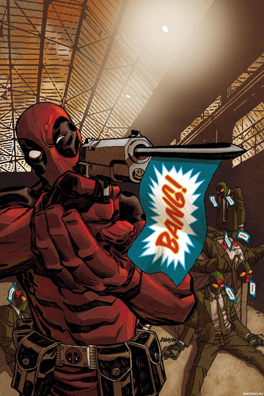 Картинка 900x1350 | Deadpool расстреливает всех из пистолета с выпадающим из дула флажком | Пистолеты, Deadpool,   картинка на аву