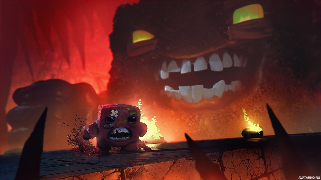 Картинка 1024x576 | Super Meat Boy на фоне смеющегося босса | Игры, картинка на аву