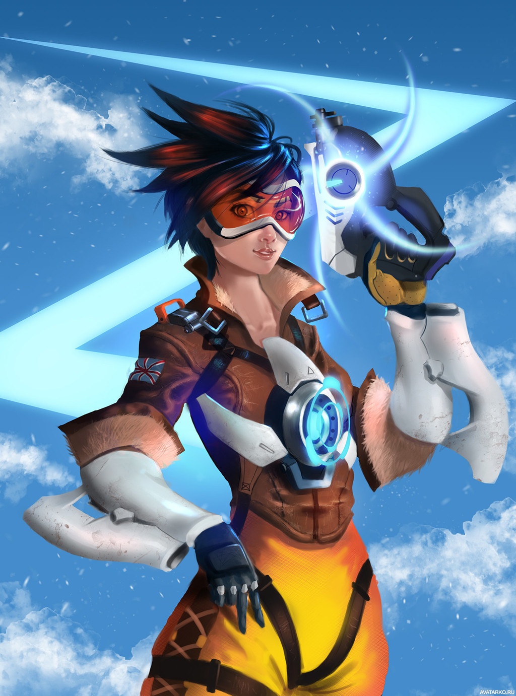 Картинка 1024x1382 | Трейсер со светящимся пистолетом возле лица | Игры, Overwatch, Трейсер, Скачать аватар для игры, картинка на аву
